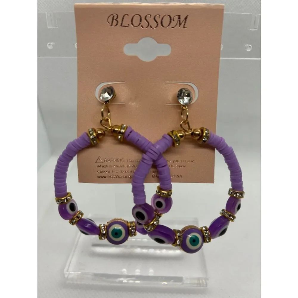 3For$20 Blossom Purple Evil Eye Hoop Earrings - Gold Accents